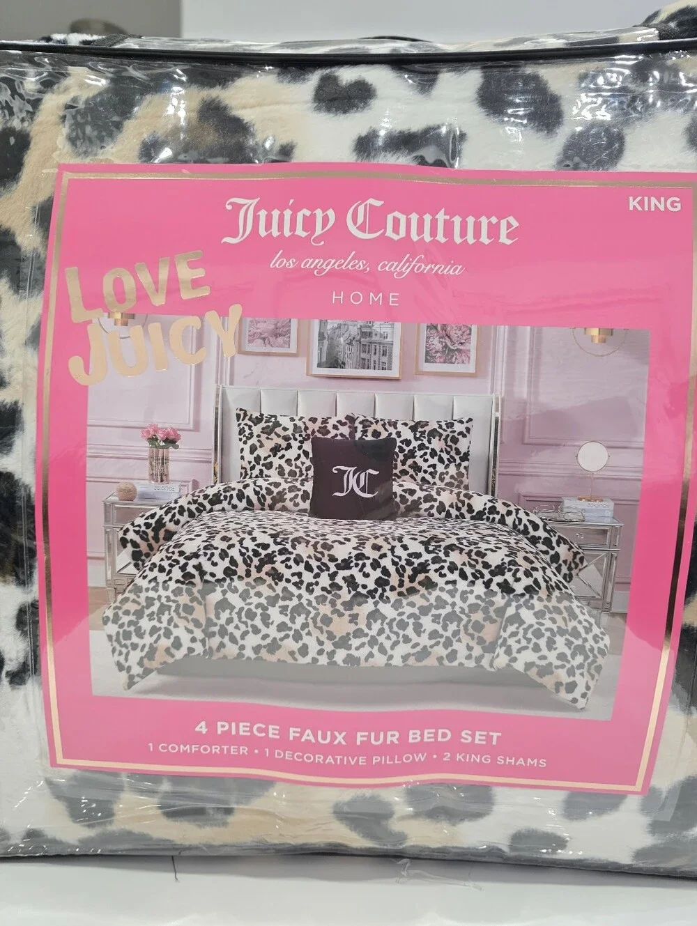 Juicy Couture KING 4 piece Faux Fur Leopard Luxurious Comforter Set New